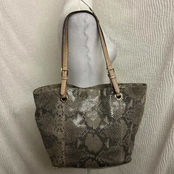 Michael Kors Tan Snakeskin Embossed Tote Bag Structured Everyday Handbag - Picture 5 of 9